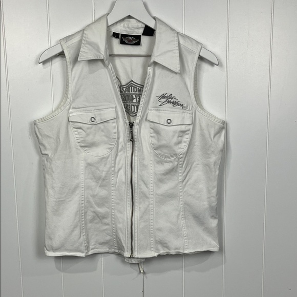 Harley-Davidson Womens Vest White L Corset Back w/Bling Zip Front Pockets Cotton - Picture 1 of 13